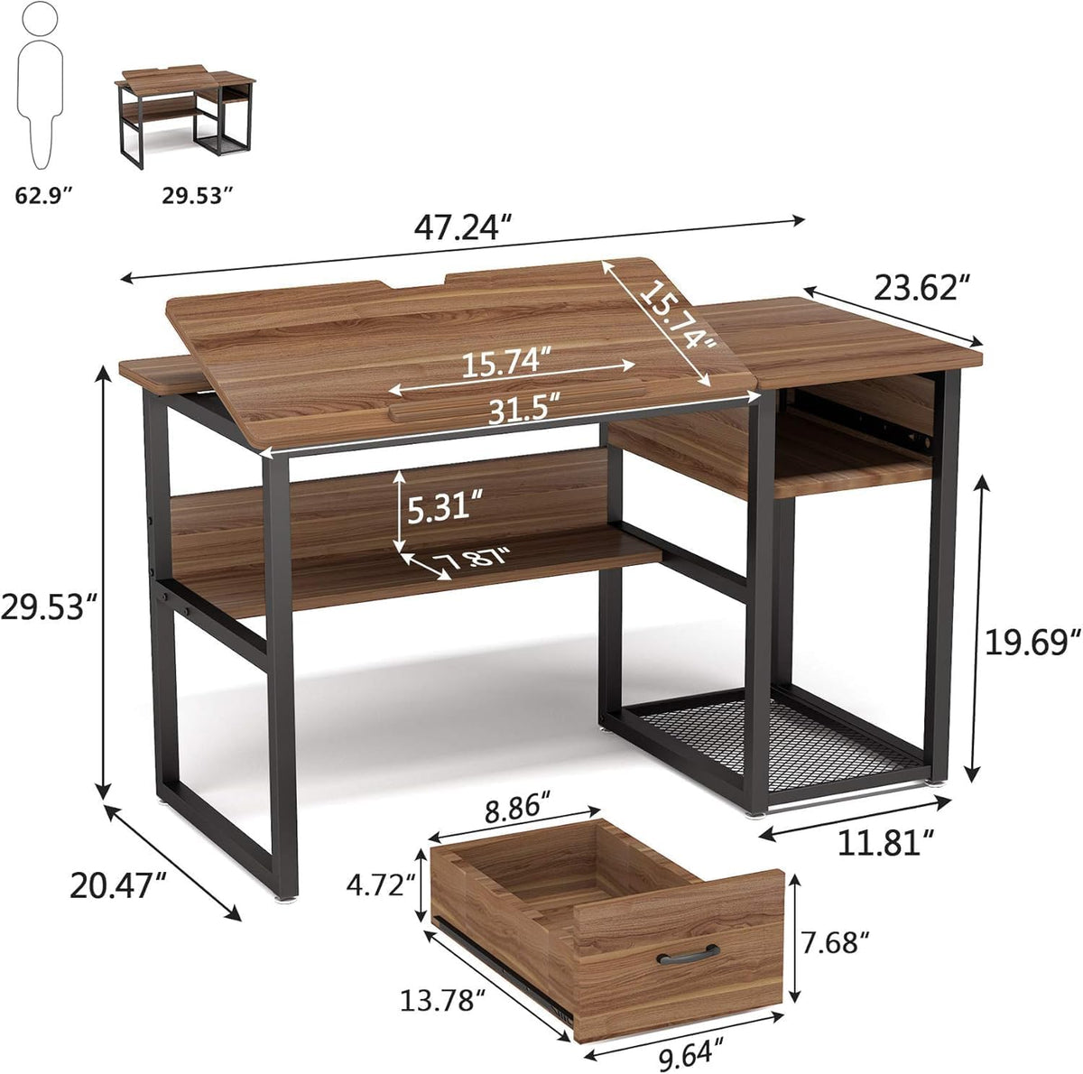 Lailang 47 Inch Computer Desk, Rectangular Office Desk, Drafting Table with Storage, Wood PC Desk, Art Desk for Adults, Small Writing Desk, 47 x 24 x 30 Inch, Walnut Black