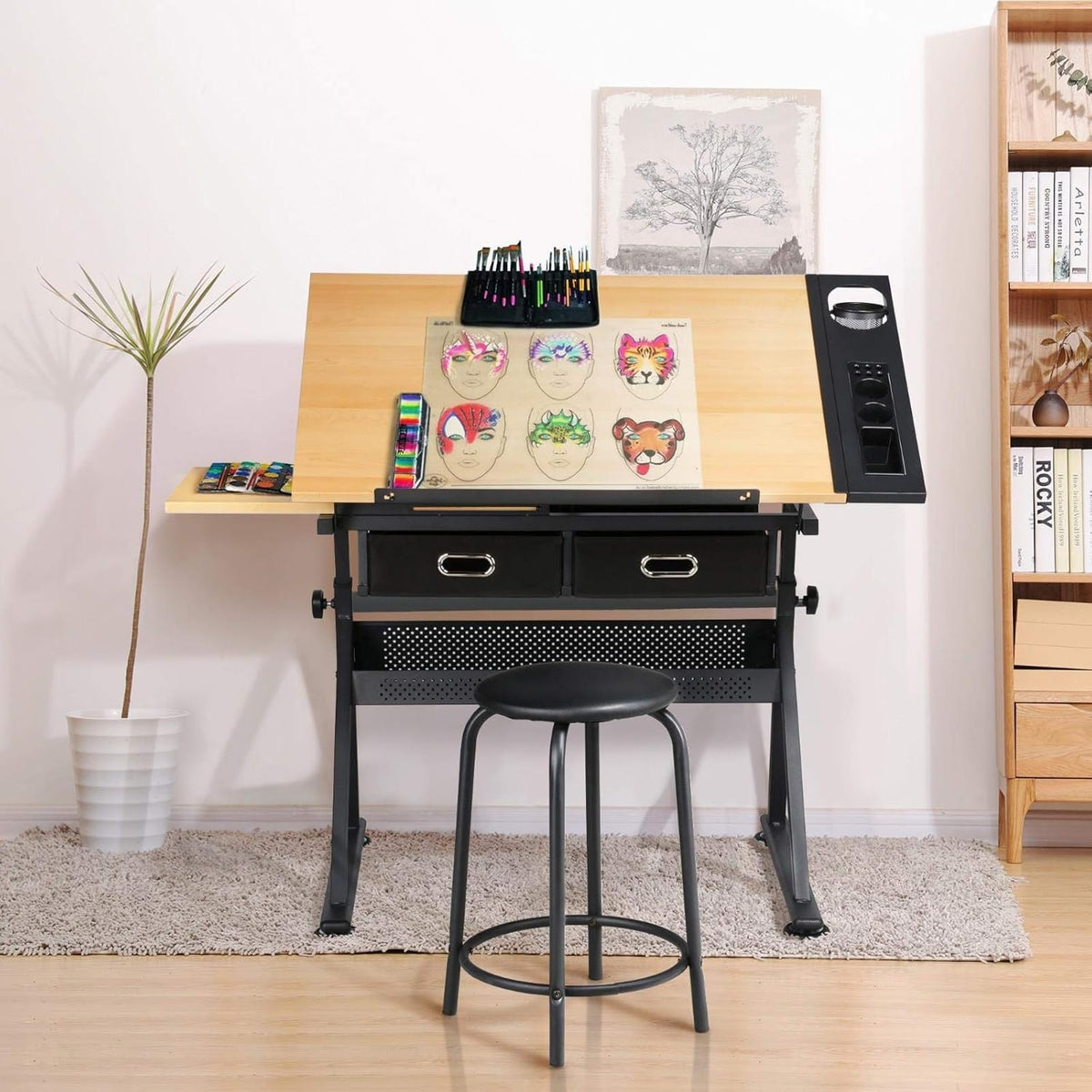 Adjustable Drawing Table with 3 Drawers & Stool, for Art & Work