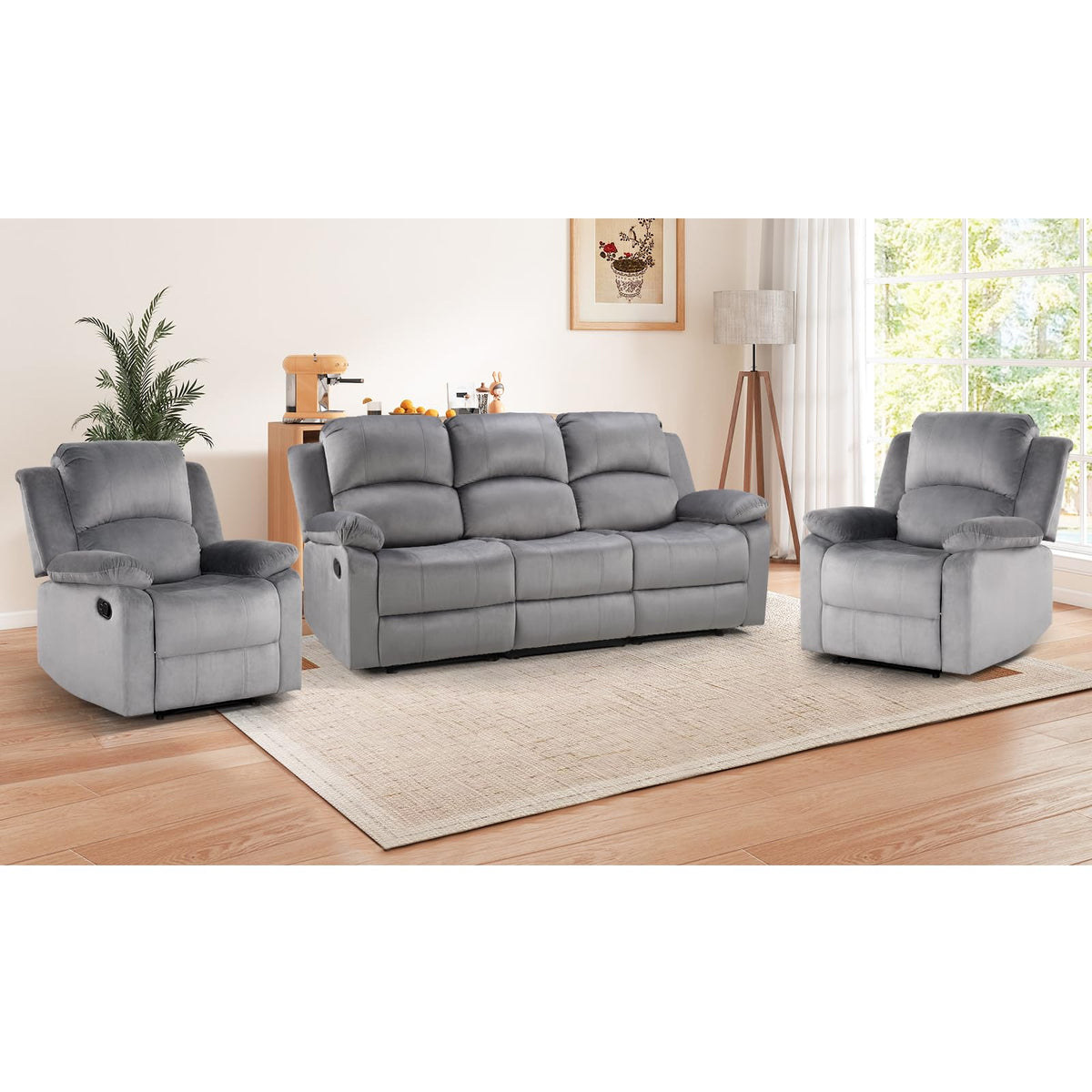 EBELLO Manual Faux Leather Reclining Couch Set for Living Room, Include 1 Recliner Chair, 1 Loveseat Sofa, Recliner Sofa Furniture Set for Home and Office, Black