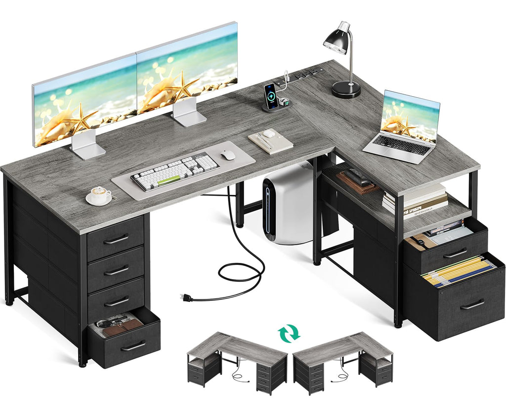 Coleshome 55 Inch L Shaped Office Desk with 6 Drawers, Power Outlet, White