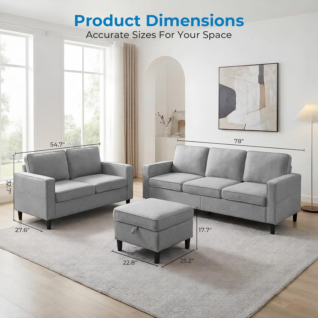 Mjkone 78"W 3 Pieces Sofa Couches Set for Living Room Sets Furniture, Sectional L Shaped 3-Seater Small Sofas Couch and Loveseat Sets with Storage Ottoman and Side Pockets for Home Office, Light Gray