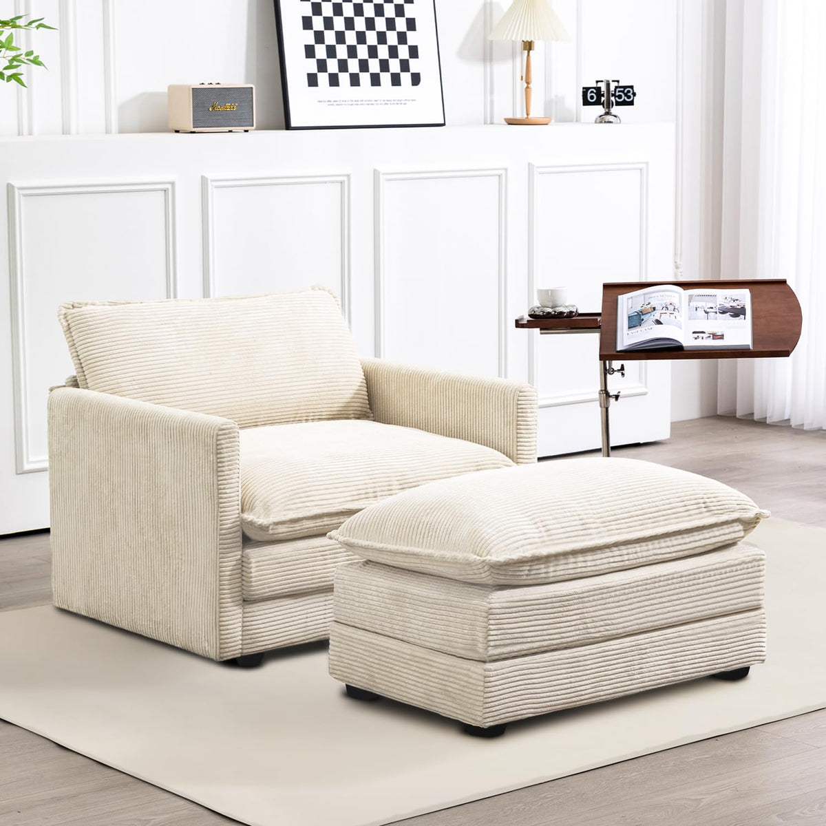 ROWHY 41'' Single Armchair with Ottoman, Modern Corduroy Cloud Couch with Convertible Chaise, Upholstered Sofa Set for Living Room, Green
