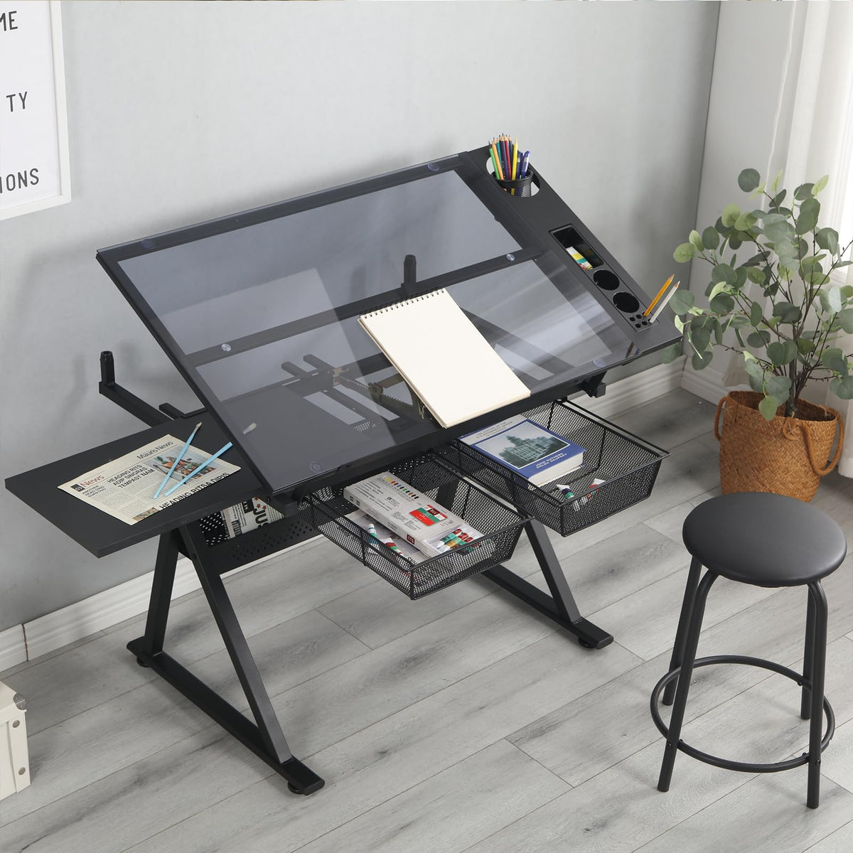 Drafting Table with 2 Metal Storage Drawers & Stool for Adult Teen, Red