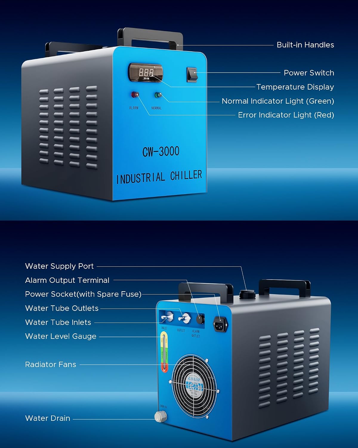 OMTech CW-3000 9L Industrial Water Chiller for CO2 Lasers up to 50W