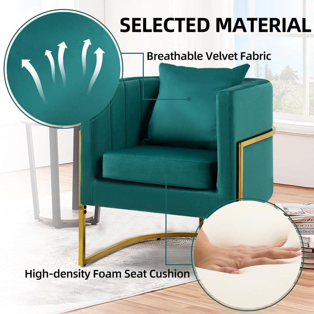 Velvet Accent Barrel Chairs Set of 2, Modern Arm Club Chair Set with Pillow for Living Room/Bedroom/Guest Reception, Channel Tufted, Gold Finish Base, Orange