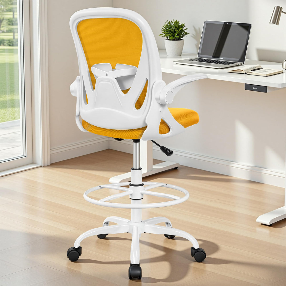 Drafting Chair Tall Office Chair with Flip-up Armrests, Adjustable Height, and Enhanced Lumbar Support - Ergonomic Rolling Stool, Back Support, and Adjustable Foot Rest Ring for Standing Desk White