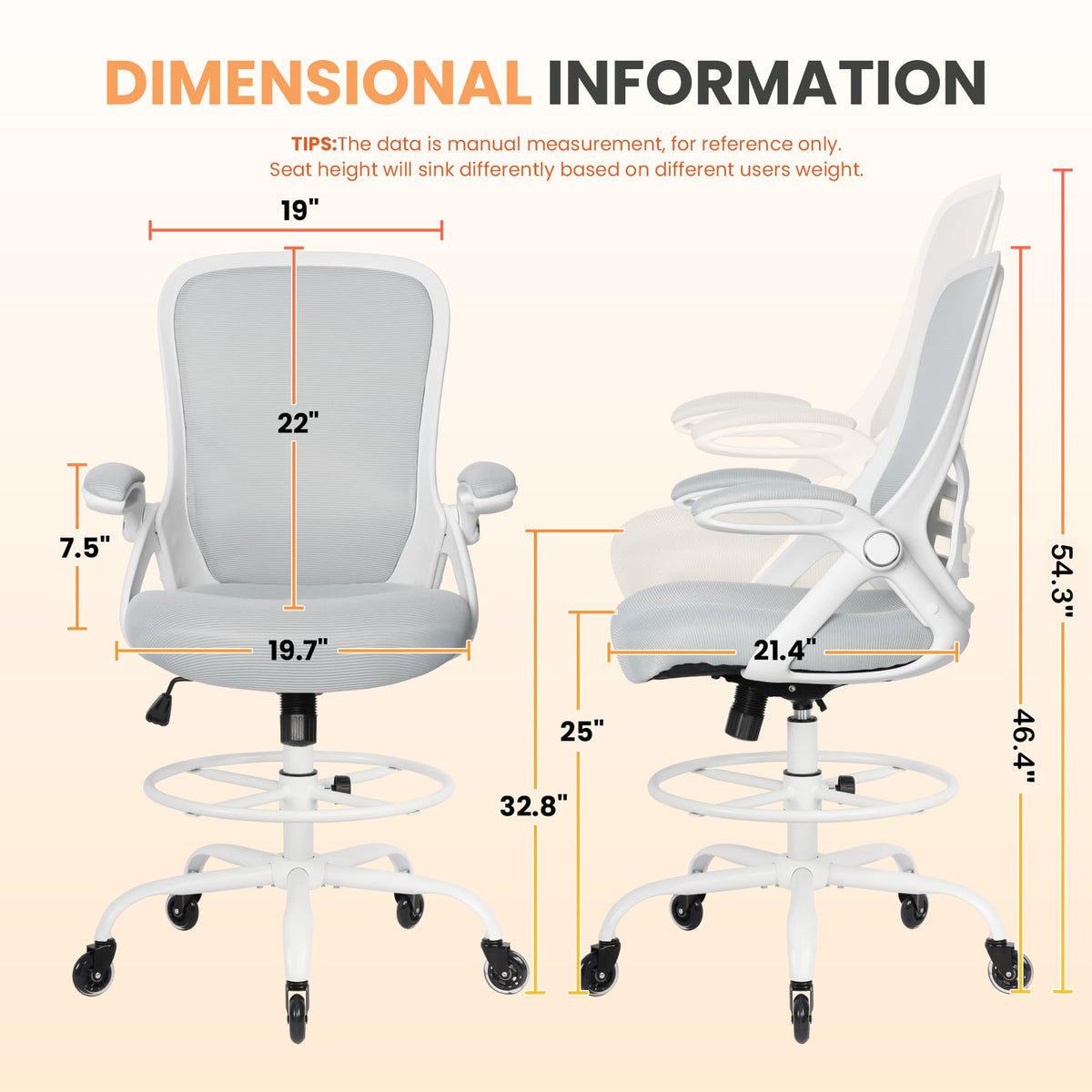 HYLONE Drafting Chair Adjustable, Tall Office Chair Lumbar Support Ergonomic Standing Desk Chair Heavy Duty Tall Drafting Stool for Artists with Footrest Home Office Drafting Stool