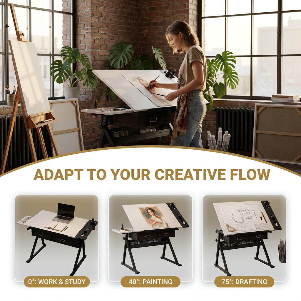 Height Adjustable Drafting Table w/Stool, Painting Table Art Craft Desk Crafting Drawing Desk with Tilting Tabletop, 2 Storage Drawers for Artist Painters (Rustic Brown)