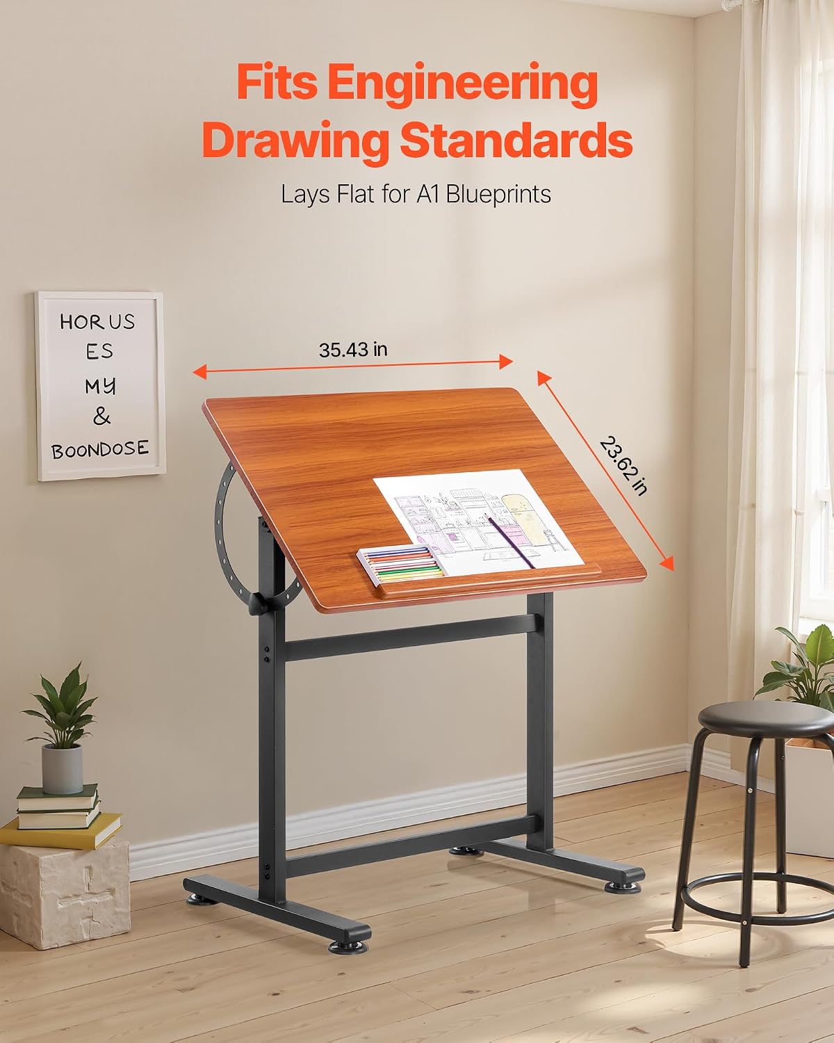 VEVOR Drafting Table, Adjustable 0Â°â90Â° Tilt Drawing Desk, Portable Artist Table with Black H-Frame and Brown Desktop, Wooden Painting Desk Craft Workstation for Reading, Writing, Crafting, Meeting