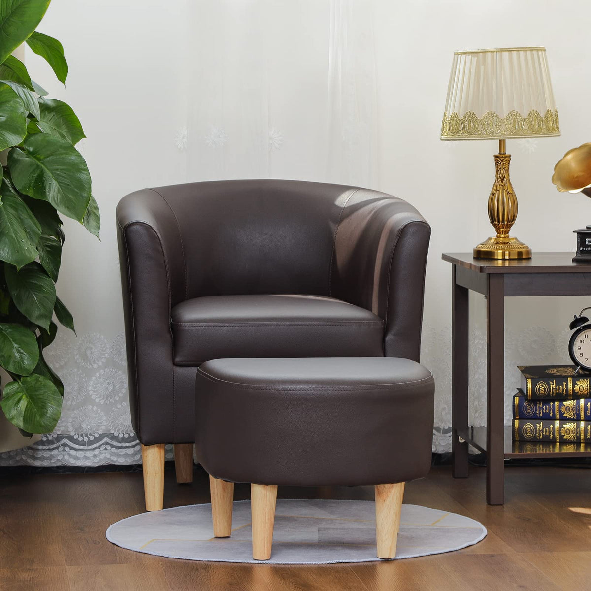 DAZONE Accent Chair with Ottoman, Modern Comfy Armchair Upholstered Barrel Club Chair and Footrest Set, Fabric Tub Arm Chairs for Living Room Bedroom Small Spaces Apartment Office, Set of 2, Gray