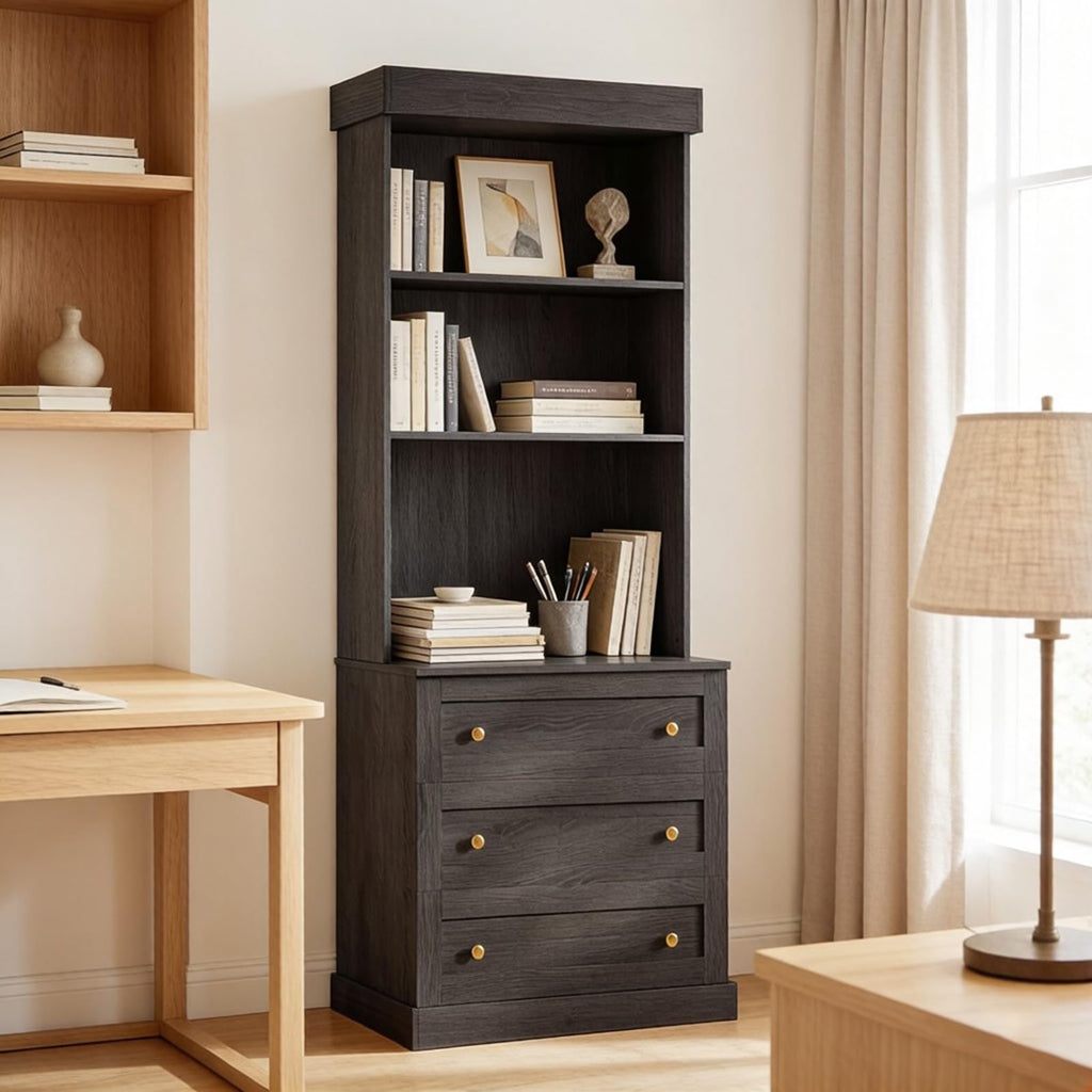 Vyre 71" Black Modular Farmhouse Bookcase Set of 3, Expandable Storage Cabinets with Glass Doors or Drawers for Home Office and Study Room