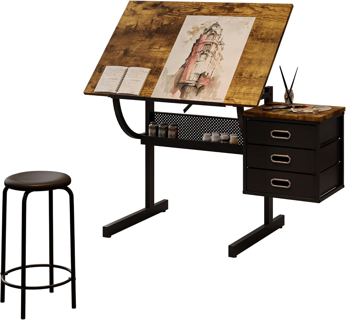 Drafting Table, Drawing Desk for Artists Adults Architect, Art Desk with Stool and 3 Non-Woven Storage Drawers, Height Adjustable Tilted Tabletop, Painting Studio Design Work Station, Rustic Brown