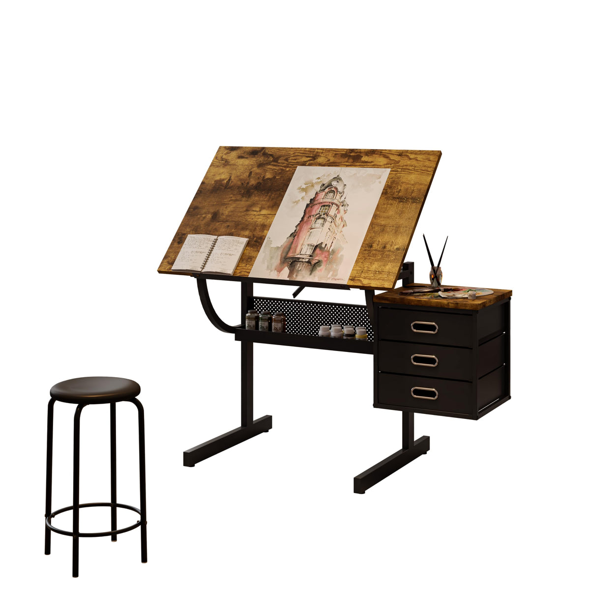 Height Adjustable Drafting Art Table for Adults, White Tempered Glass Drafting Drawing Printing Table Desk with Stool, 0-75Â° Tilting Tabletop Art Drawing Table for Drawing,Hand Crank