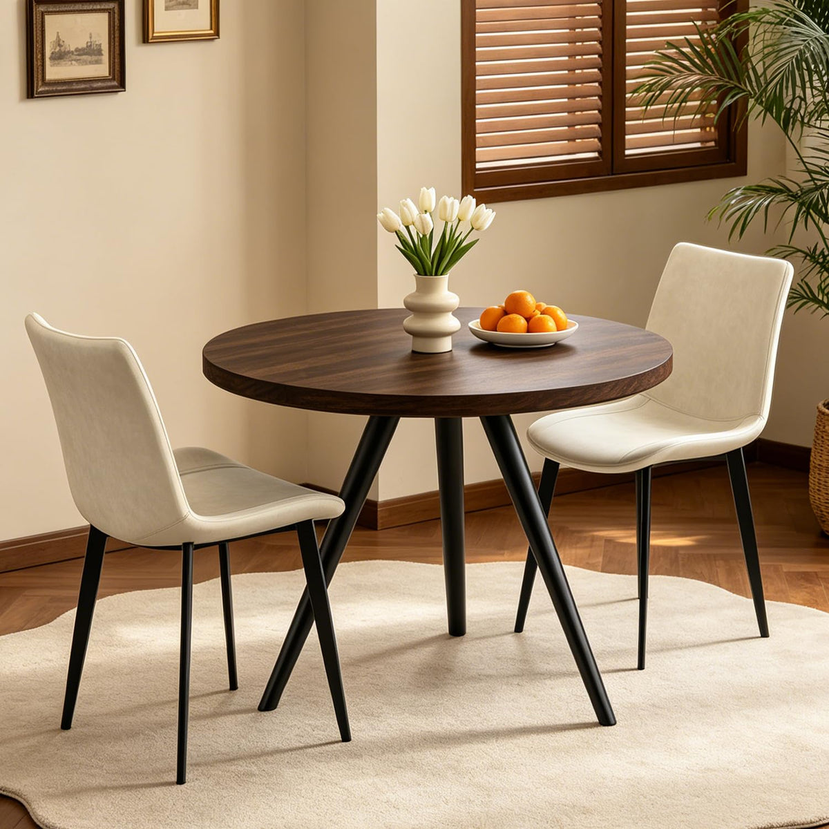 34.6" Round Dining Table Set for 4, Modern Kitchen Coffee Table Set, Walnut