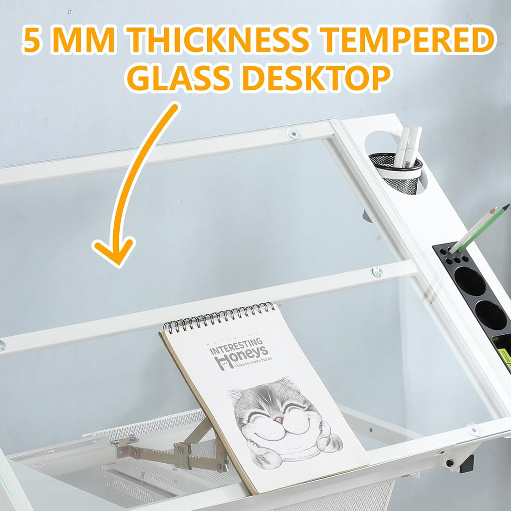 White Drafting Table with Stool, Height Adjustable Art Craft Desk with Tilting Tempered Glass Tabletop, Expansion Board, Multi-Storage, Drawing Table for Studio, Artists, Home Office, Painters, White