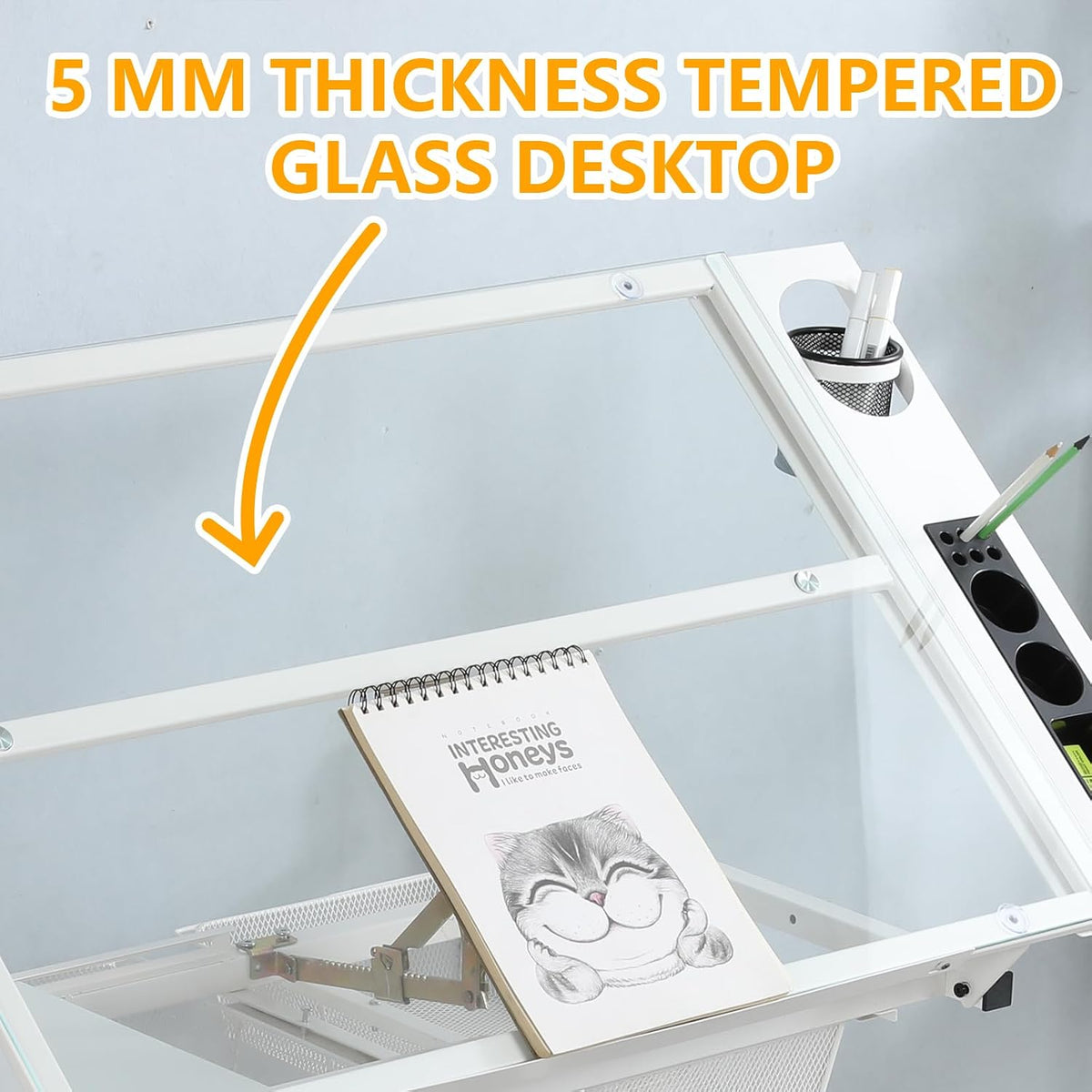 White Drafting Table with Stool, Height Adjustable Art Craft Desk with Tilting Tempered Glass Tabletop, Expansion Board, Multi-Storage, Drawing Table for Studio, Artists, Home Office, Painters, White