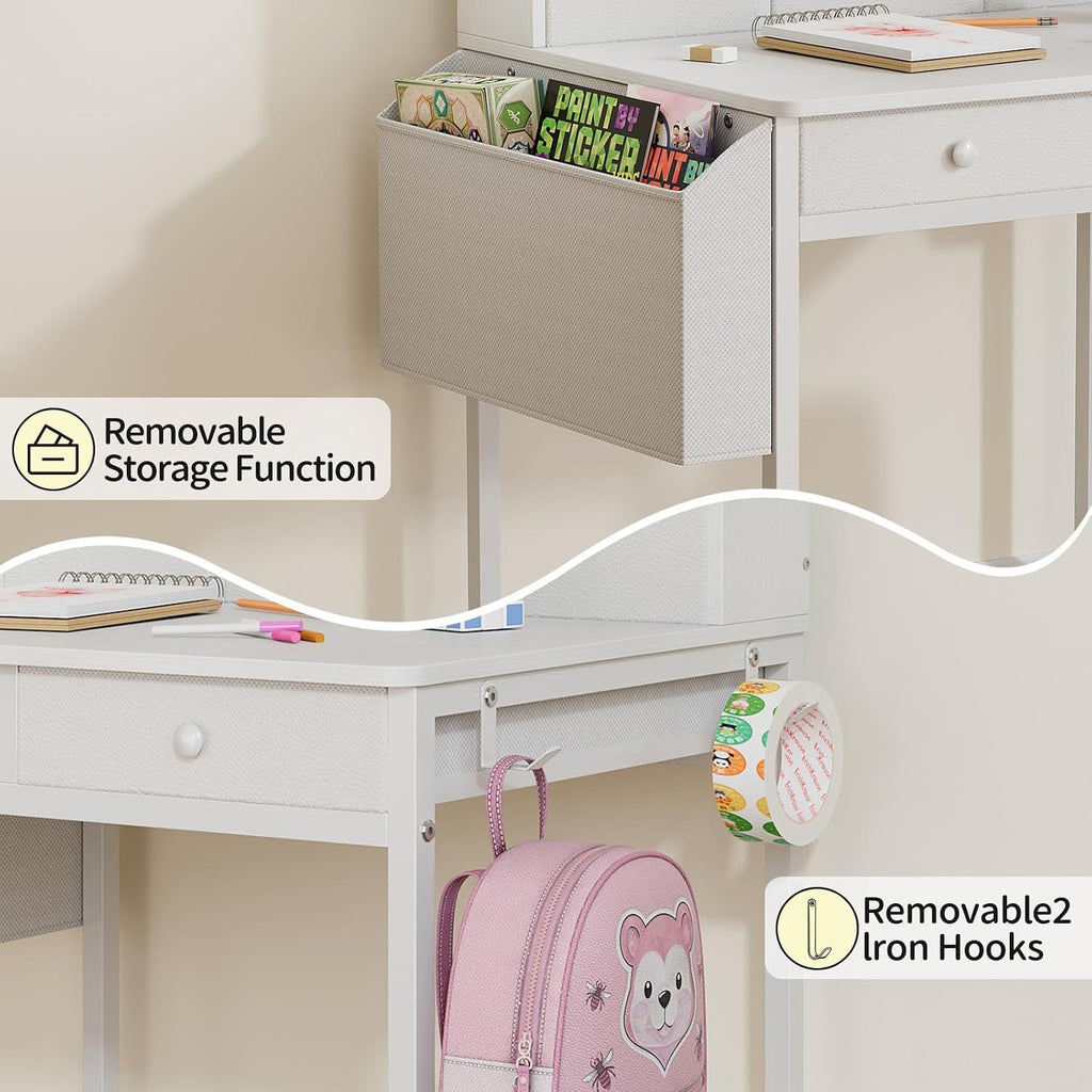 Kids Desk and Chair Set with 5 Fabrics Drawers, Ages 5-8, White