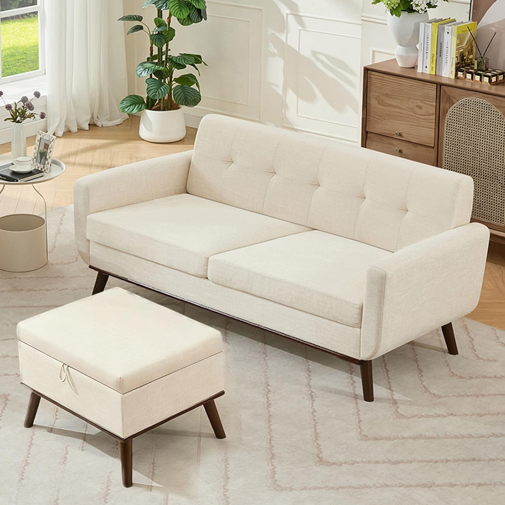 Kingfun 2 Piece Loveseat and Sofa Sets, Mid Century Modern Love Seat Couches for Living Room, Button Tufted Upholstered Furniture, Small Couch for Bedroom, Office, Beige