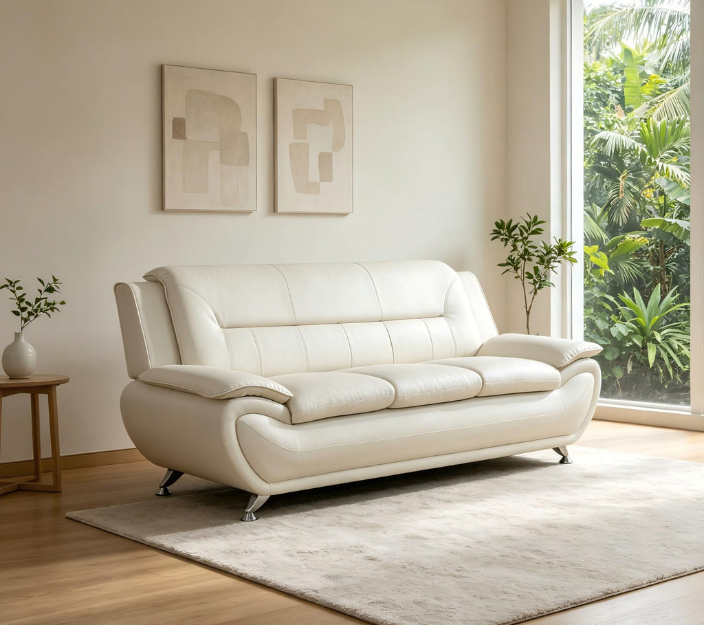 Creamy White Living Room Furniture Set, 2-Piece Modern Faux Leather Couches for Home, Living Room Sofa Sets, 3-Seater Sofa and Loveseat with Metal Feet, Couch Set for Bedroom, Hotel, Office