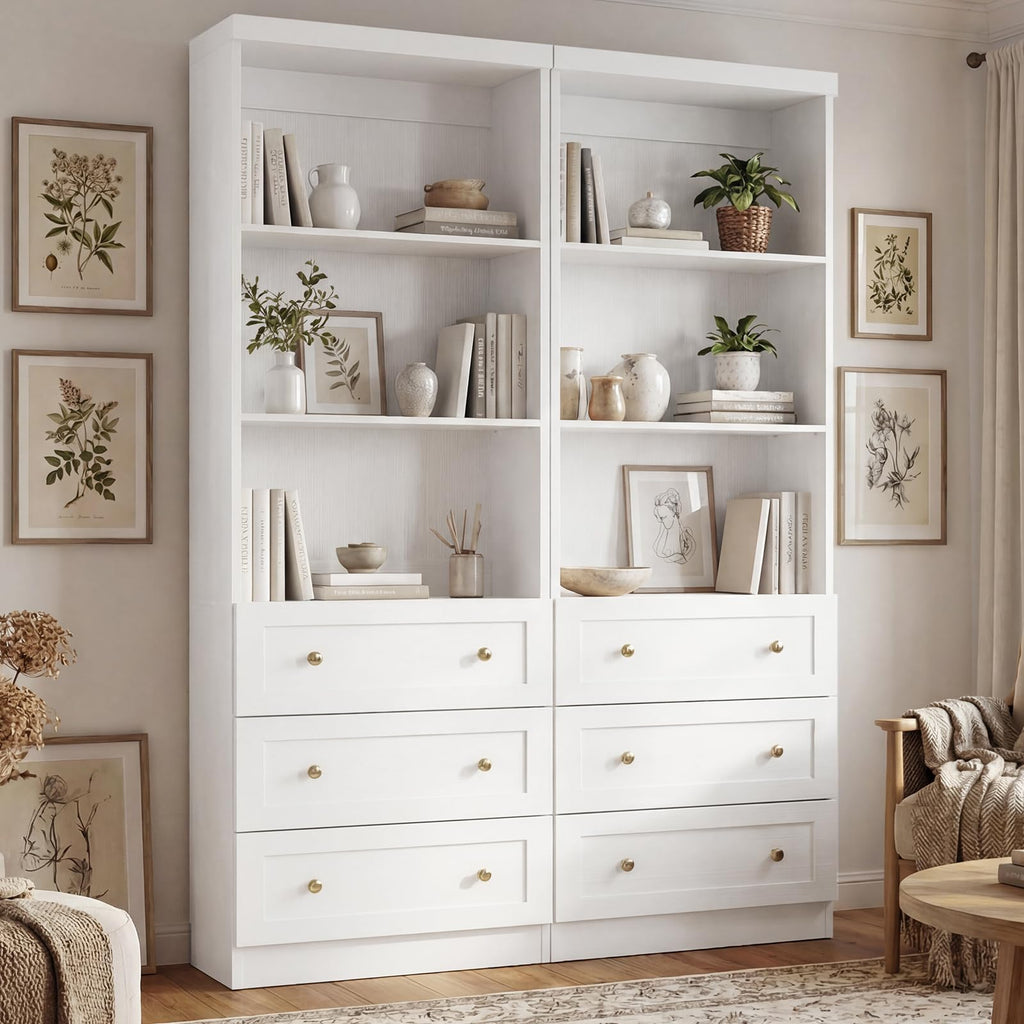 Cyclysio 80" Bookshelf with 3 Drawers and Baseboard Cutout, Set of 2