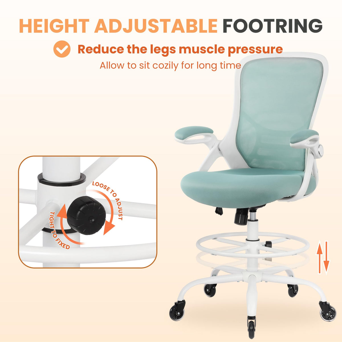 HYLONE Drafting Chair Adjustable, Tall Office Chair Lumbar Support Ergonomic Standing Desk Chair Heavy Duty Tall Drafting Stool for Artists with Footrest Home Office Drafting Stool