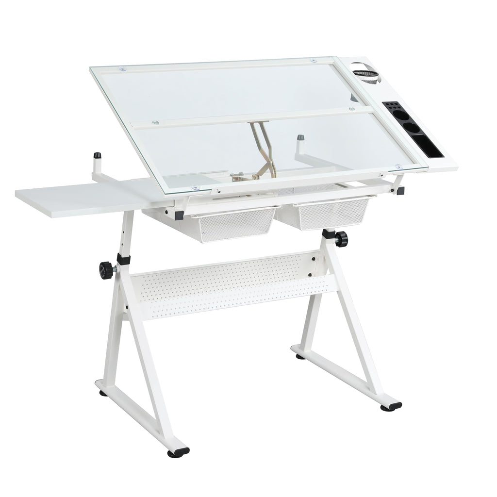 Adjustable Drafting Table with Stool, 0-75Â° Tilting Art Desk, White