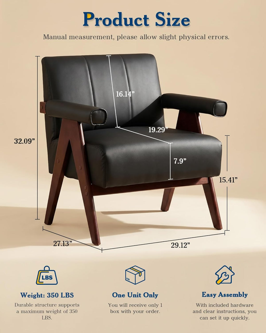 Mid Century Modern Black Faux Leather Accent Chair Set 2 Solid Wood Frame