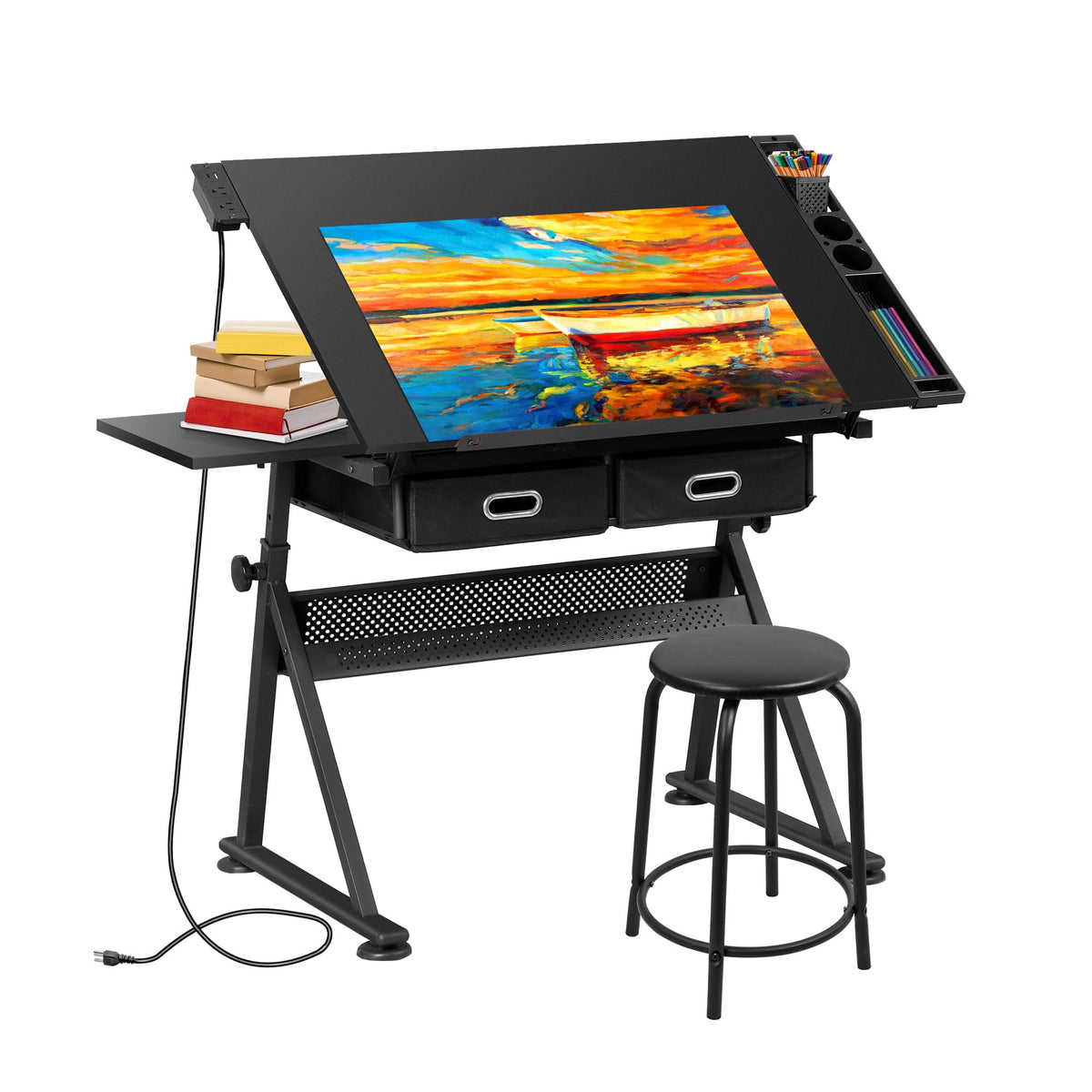 SUPER DEAL Drafting Table Set with Charging Station, Height Adjustable Tilting Drawing Desk Artist Desk with Stool Multifunctional Art Craft Workstation with 2 Storage Drawers for Home Office School