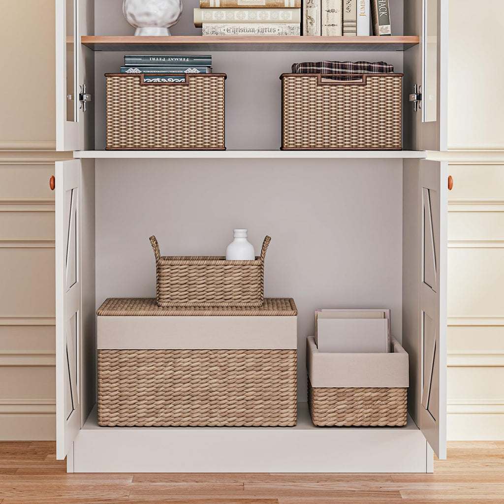 Vyre 71" Tall Farmhouse Bookshelves with Drawers, Set of 3 â Large Modular Bookcase with Adjustable Shelves, Storage Cabinet for Living Room, Kitchen, Home Office, Brown