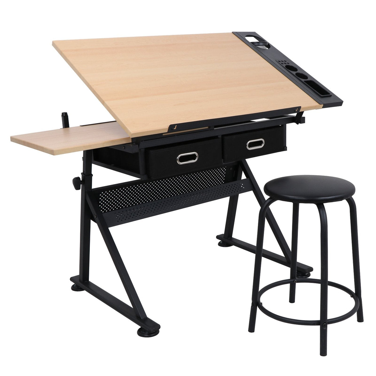 LEMY Drafting Table Art Desk, Height Adjustable Drawing Table Tilting Tabletop Work Station with Stool and Storage Drawer for Home, Office, Writing, Black