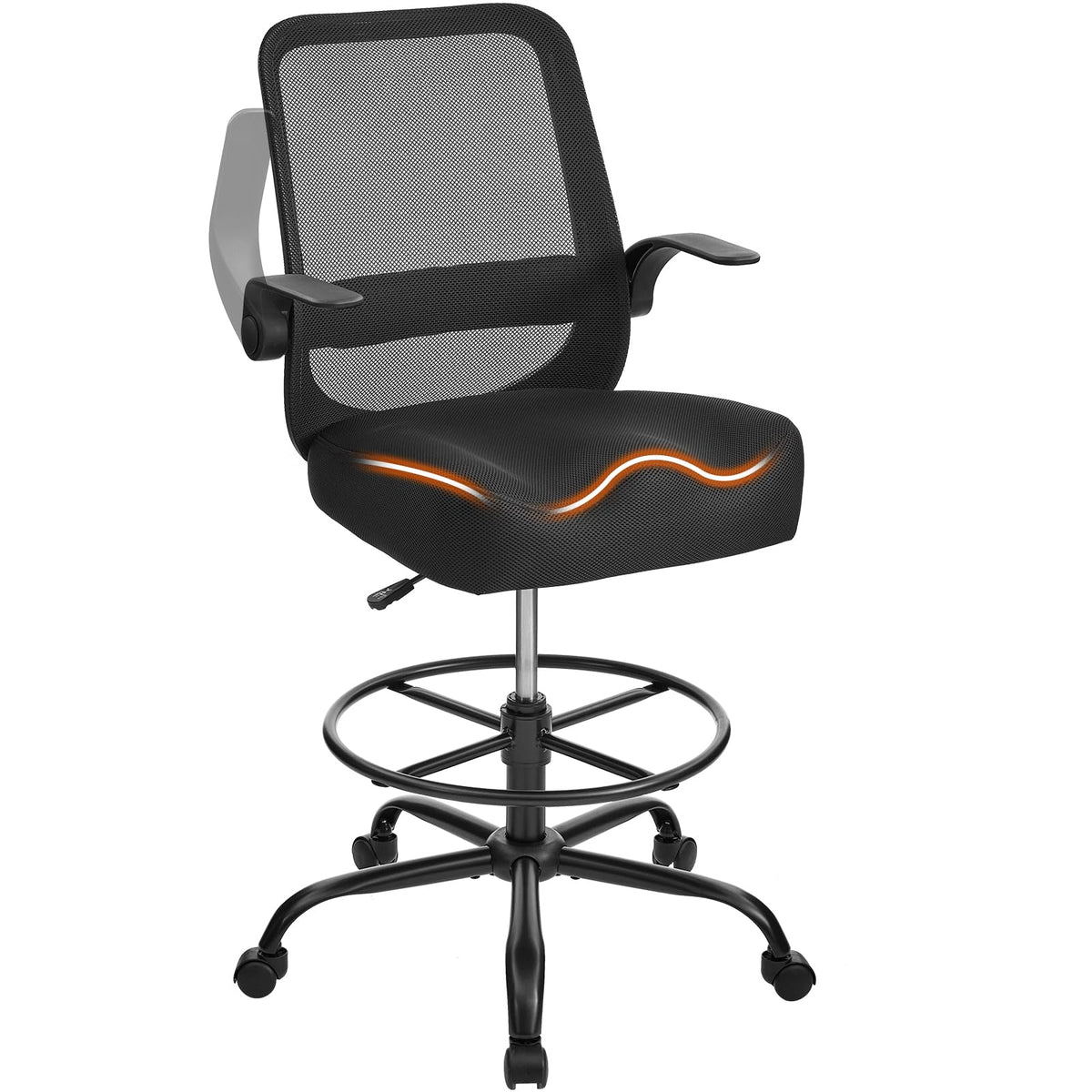 Drafting Chair Tall Office Chair for Standing Desk, Ergonomic Tall Desk Chair with Adjustable Foot Ring, Flip-Up Armrests, Lumbar Support, Swivel Rolling Task Chair for Home Office