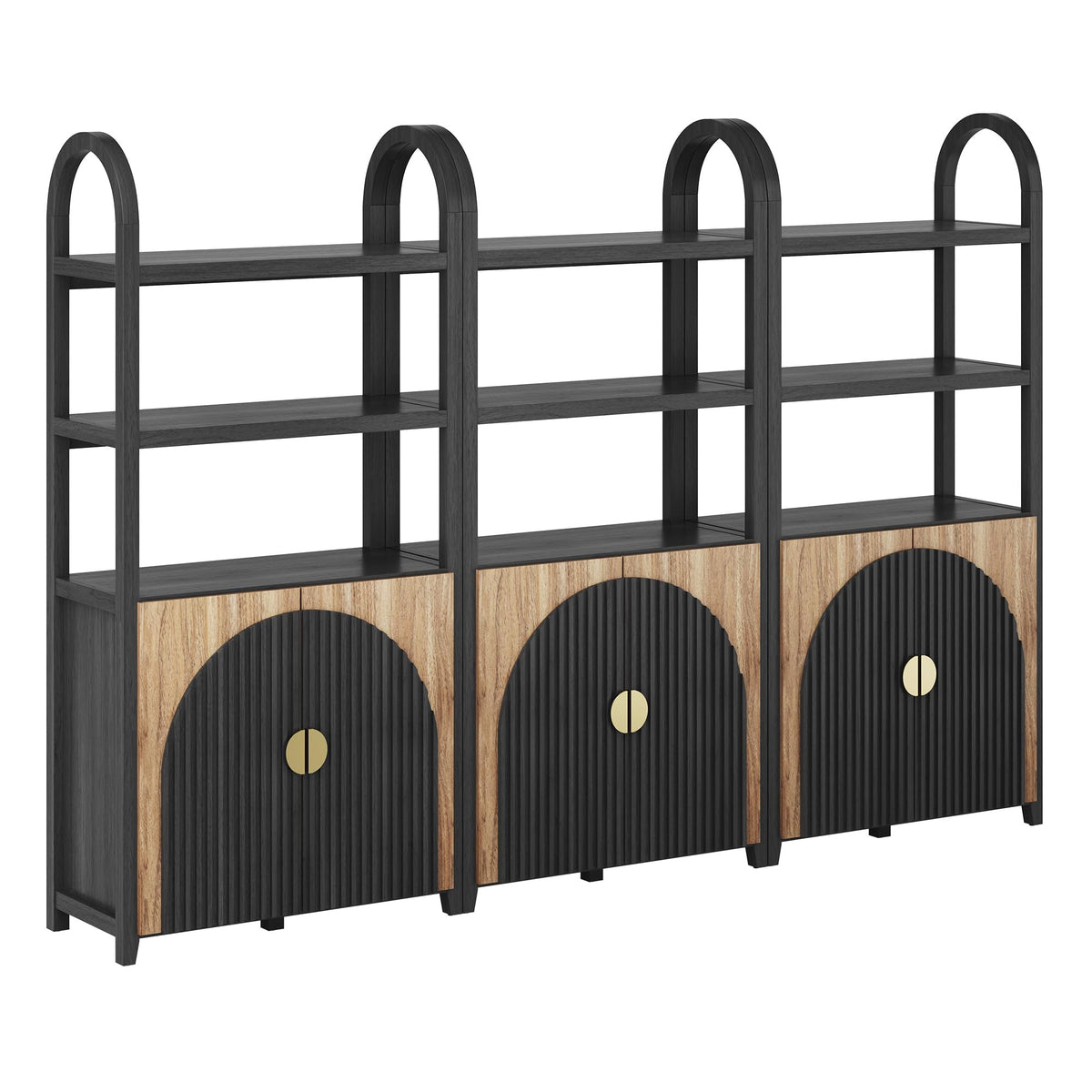 BELLEZE Book Shelf 72" Tall Arched Bookcase with Storage, 5 Tier Mid Century Modern Fluted Bookshelf with Doors, Modular Bookshelves for Living Room Office Library, Set of 2 (Caramel Brown)