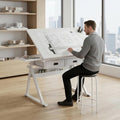Drafting Table and Stool Set for Adults/Artists, Drawing Table with Adjustable Tabletop and Height, Art Workstation for Painters Crafting Reading Writing Home Office, All White