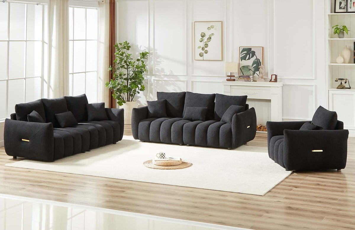 Antetek Teddy Fabric Sofa Set for Living Room, 2 Pieces Modern Deep Seat Oversized 3-Seater Cloud Boucle Couch for Bedroom, Office, Apartment, Furniture Set, 78-inch, Black (2 Pieces)