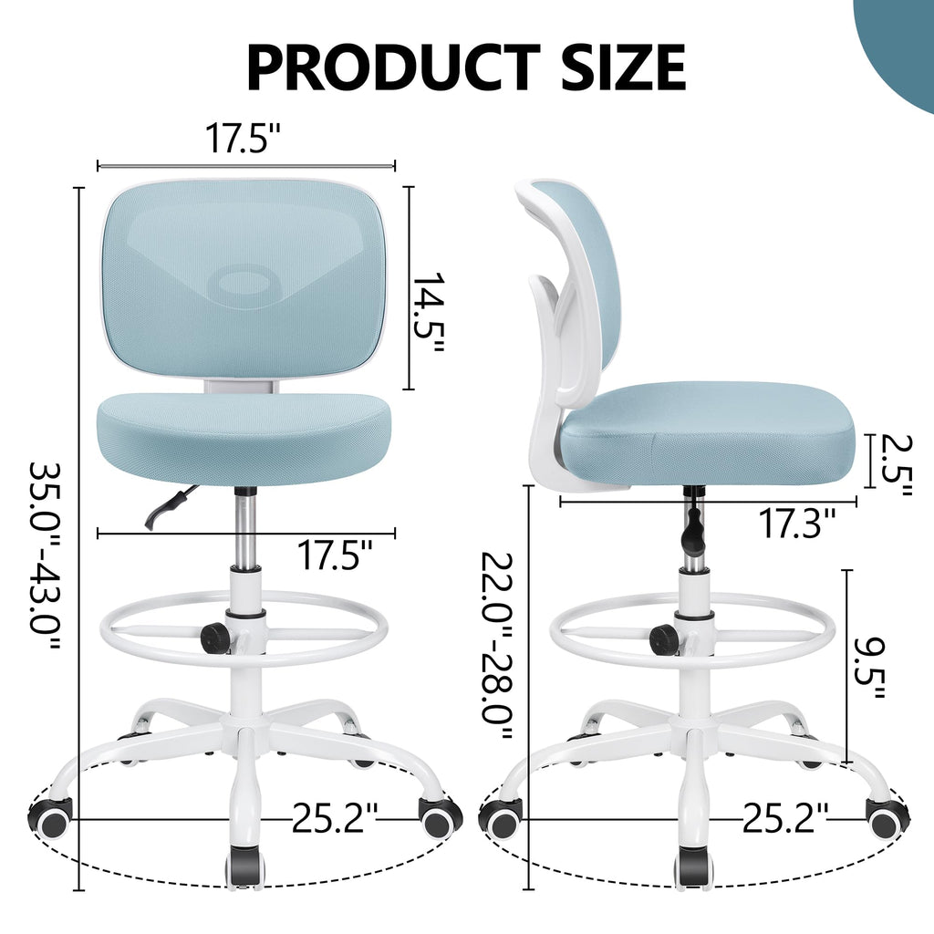 Primy Tall Drafting Desk Chair - Armless, Adjustable Height, Mesh Back, Rolling, Standing Desk Chair for Art Room, Office or Home (Black)