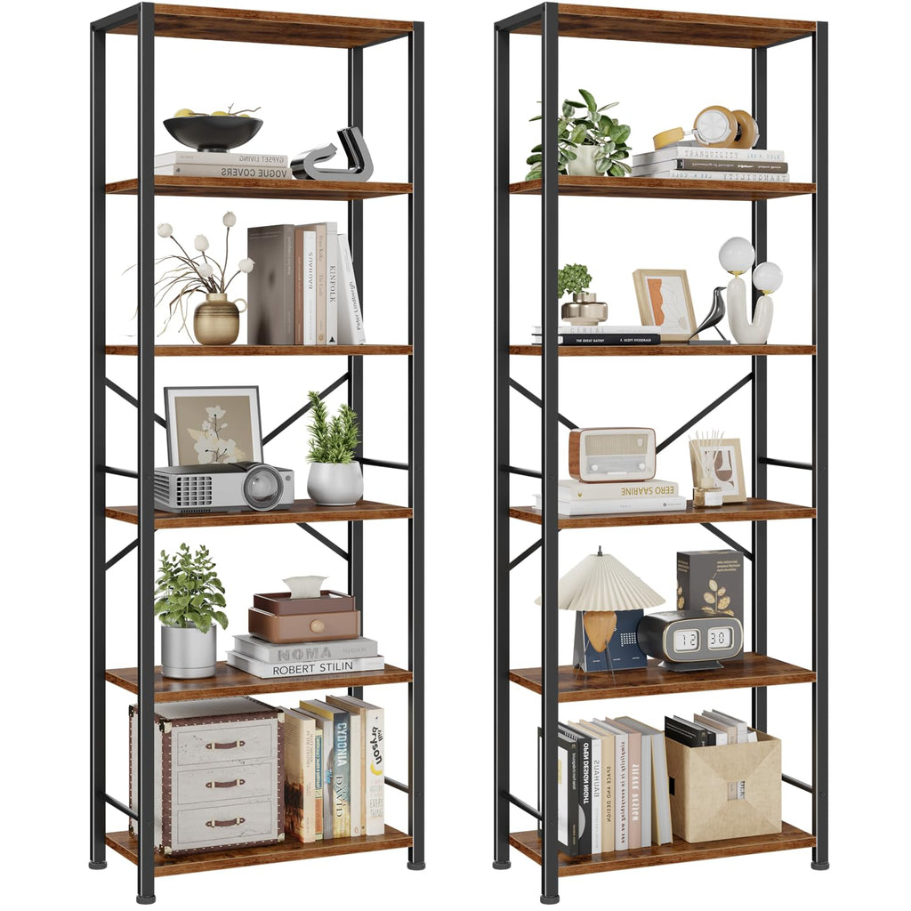 Furologee 5 Tier Book Shelf Set of 2, Tall Wide Bookshelf, Rustic Brown