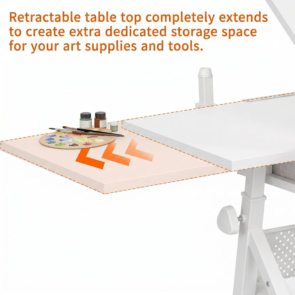 Height Adjustable Drafting Table with Stool, Drawing Art Desk with 2 Drawers, Artist Table with 75Â° Tilted Tabletop, Sketching Painting Artwork Station for Home Office School Reading, Crafting, White
