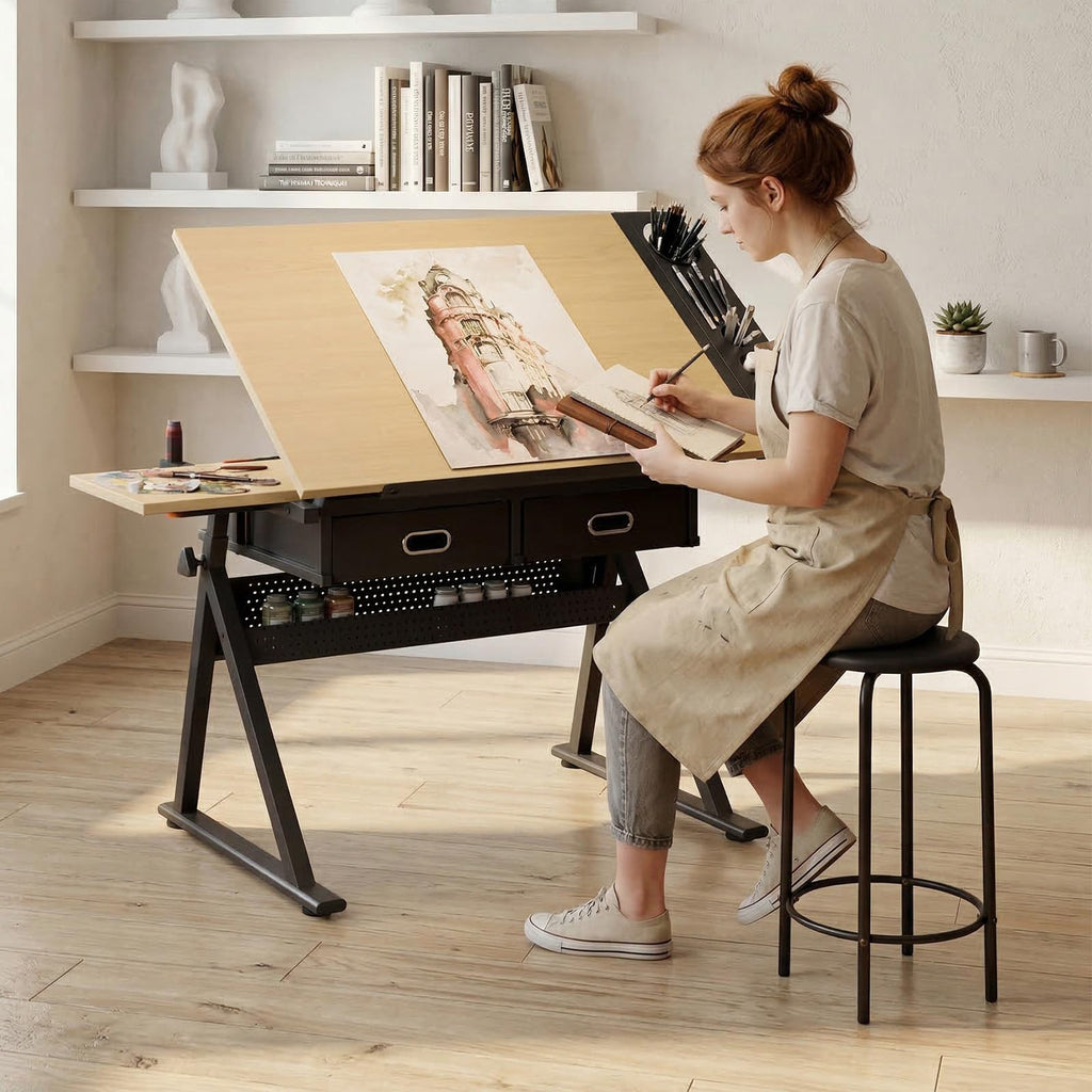 Drafting Table and Stool Set for Adults/Artists, Drawing Table with Adjustable Tabletop and Height, Art Workstation for Painters Crafting Reading Writing Home Office, All White