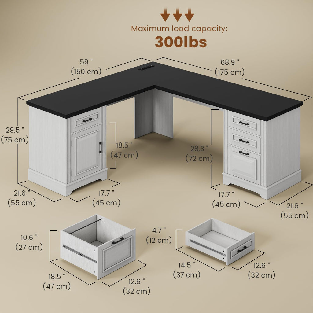 Itaar Farmhouse L Shaped Desk, Executive Computer Desk with Drawers and Storage Cabinet, Home Office Desk with File Drawer and Power Outlet, Corner Desk, Workstation for Office Home, Grey