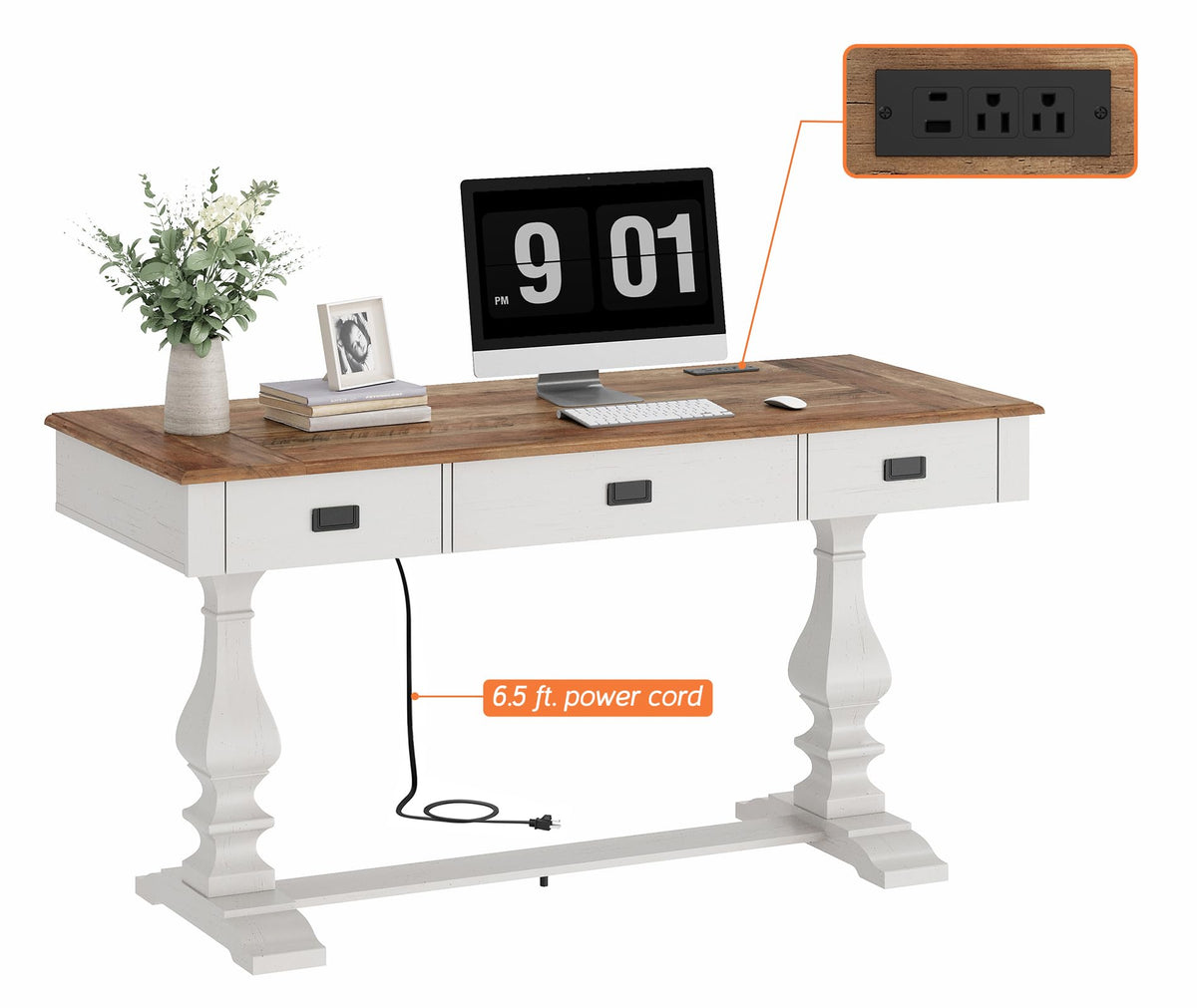 WAMPAT 60-inch Vintage Farmhouse Desk with Charging Station &3 Deep Drawers