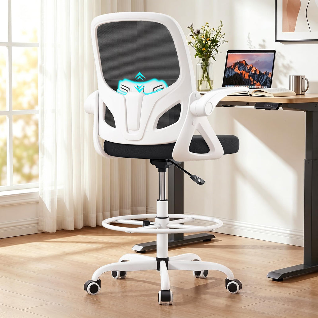Kensaker Drafting Chair Tall Office Chair, Ergonomic Standing Desk Chair with Adjustable Foot Ring and Flip-up Armrests, Mesh Computer Chair for Art Studio, 300 LBS, Black