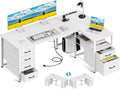 Coleshome 55 Inch L Shaped Office Desk with 6 Drawers, Power Outlet, White