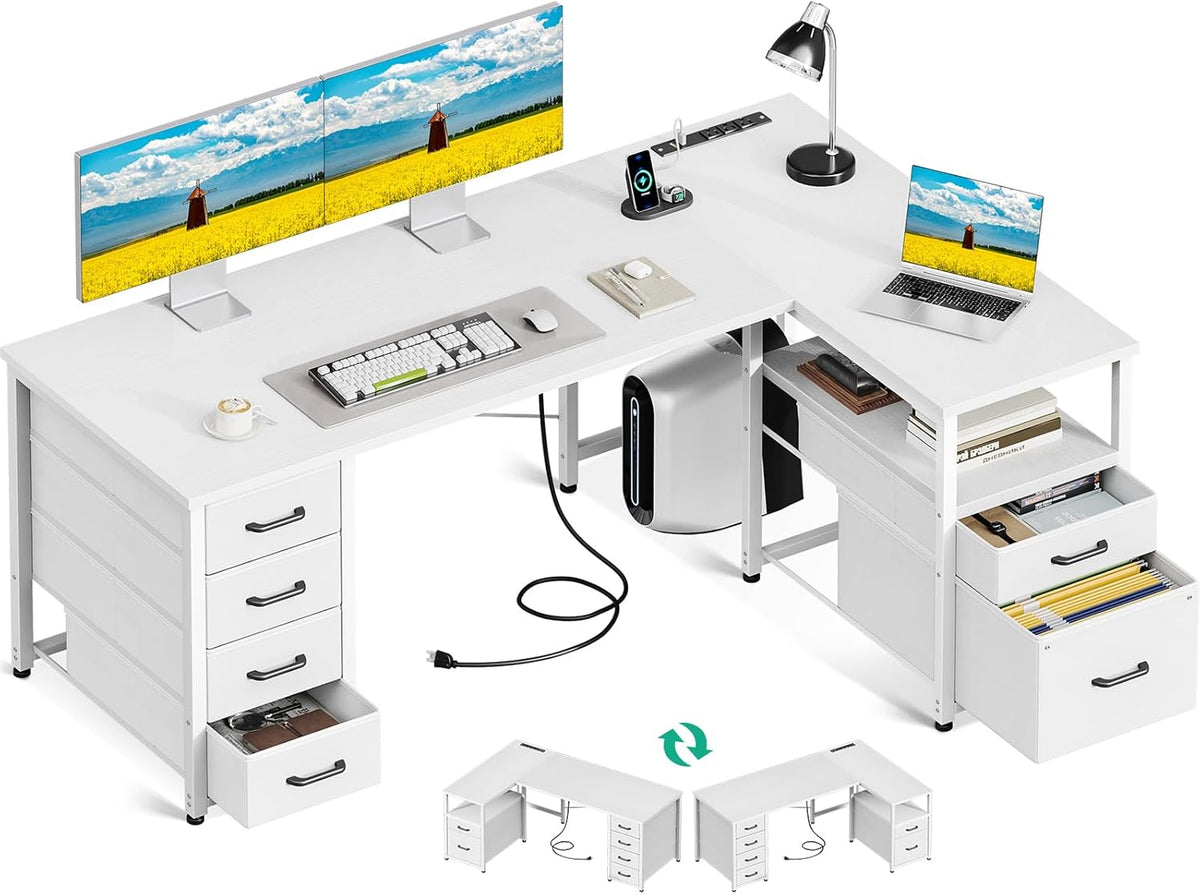 Coleshome 55 Inch L Shaped Office Desk with 6 Drawers, Power Outlet, White