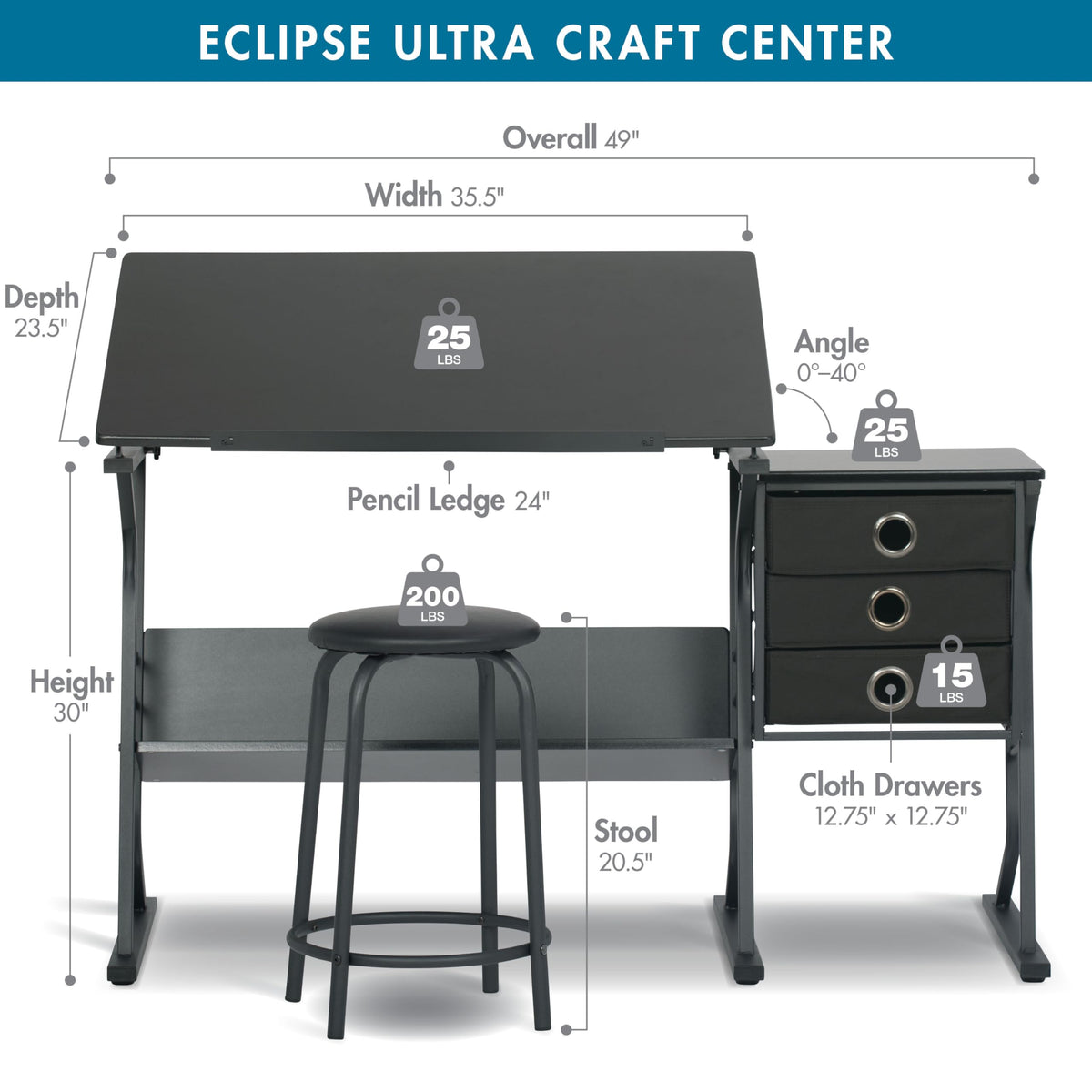 2 Piece Eclipse Ultra Center/Drawing Table with Stool, Angle Adjustable Top, Storage Shelves, and Drawers