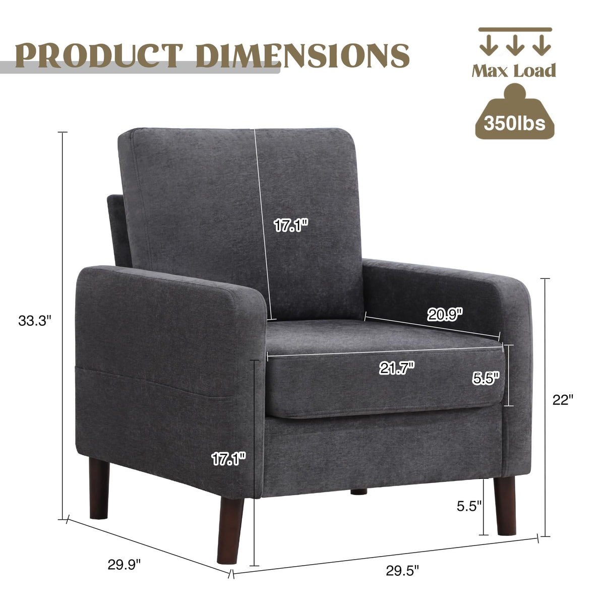 Accent Chair Set of 2, Upholstered Living Room Chairs with Wood Legs and Side Pockets, Modern Reading Chair for Bedroom, Armchair Single Sofa Side Chair for Office, Small Room, Dark Grey