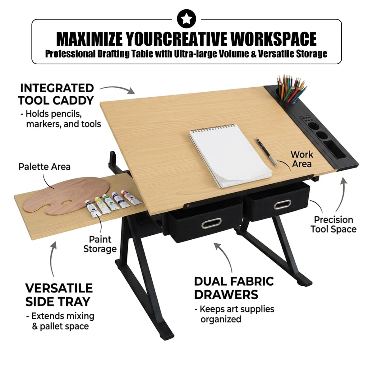 Adjustable Drafting Table, Tiltable Art Drawing Desk with 2 Storage Drawers & Stool, Multi-Functional Art Workstation for Artist Painting Craft Reading Writing (Black-B)