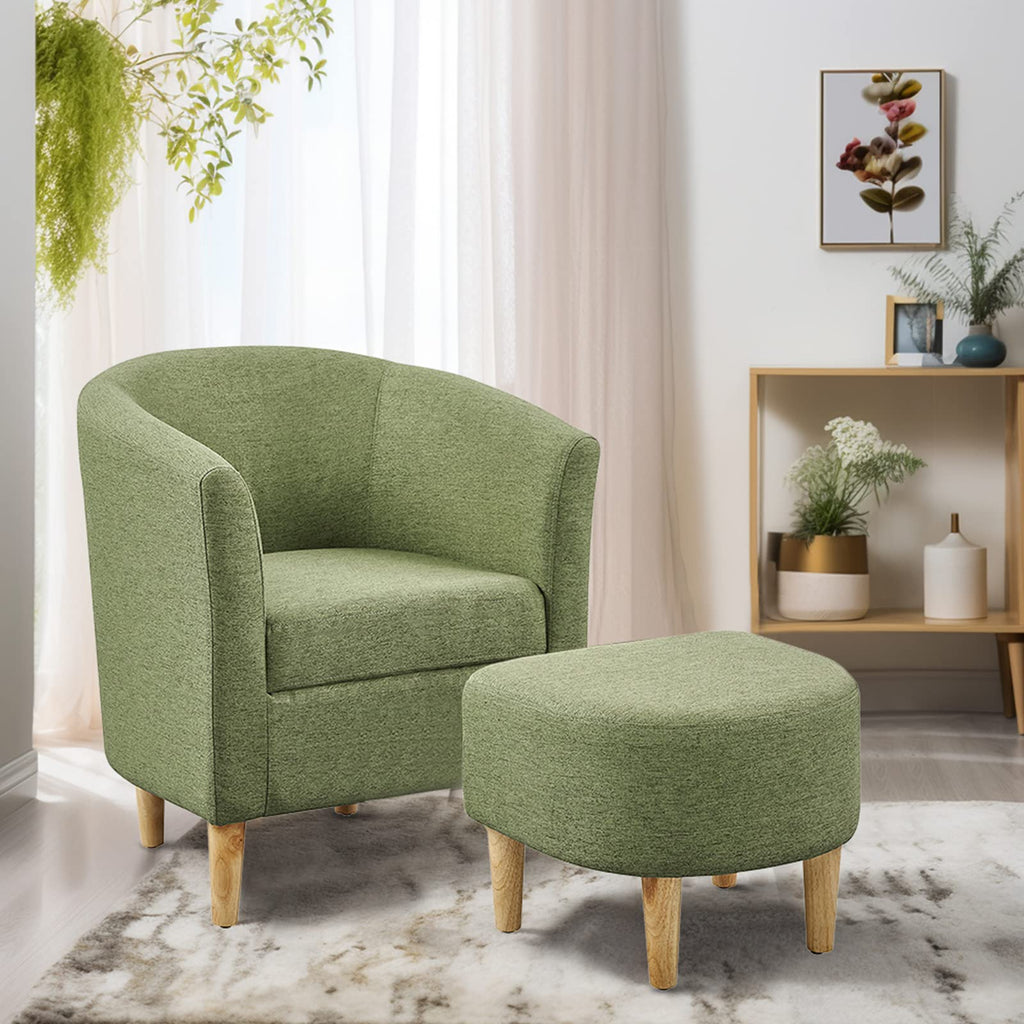 DAZONE Accent Chair with Ottoman, Modern Comfy Armchair Upholstered Barrel Club Chair and Footrest Set, Fabric Tub Arm Chairs for Living Room Bedroom Small Spaces Apartment Office, Set of 2, Gray