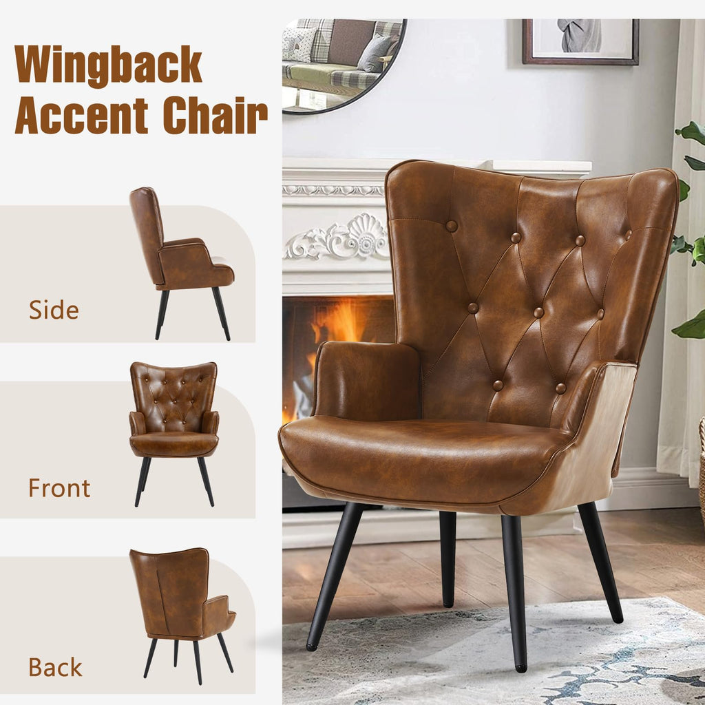 Furniliving PU Leather Accent Chair for Living Room, Upholstered Reading Chair with High Backrest, Tufted-Button Wingback Armchair for Bedroom, Dressing Room, Home Office, Brown, Set of 2