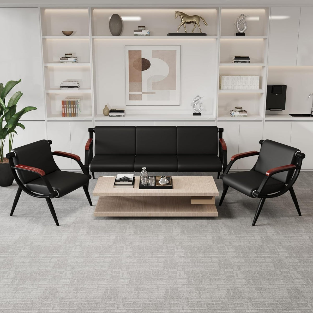 wonline Waiting Room Chairs, Office Furniture Reception Chairs with Arms, Leather Chairs is Suitable for Clinic,Airport,Hospital,Barber,Salon,Bank-Black