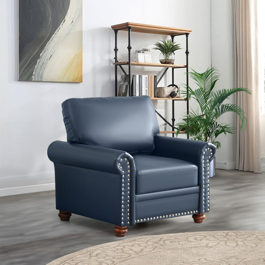 2 Piece Faux Leather Sofa Set,Modern Couch and Loveseat Sets with Storage,Mid Century Couch with Rivet Rolled Arm,Comfy Deep Seat Sofa,Furniture for Living Room,Office(Loveseat+3 Seater,Navy)